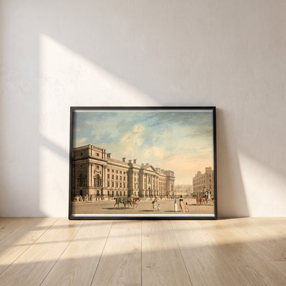 Trinity College, College Green by James Malton framed print in a black frame leaning against a white plaster wall on oak floorboards in morning light