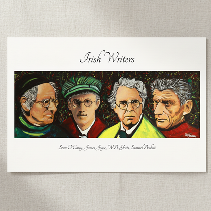 Irish Writers unframed print of O'Casey, Joyce, Yeats and Beckett on textured paper laid on linen