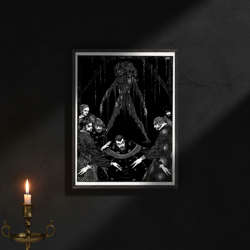 Walled the Monster (1923) by Harry Clarke in a silver frame on a dark wall above a lit candle