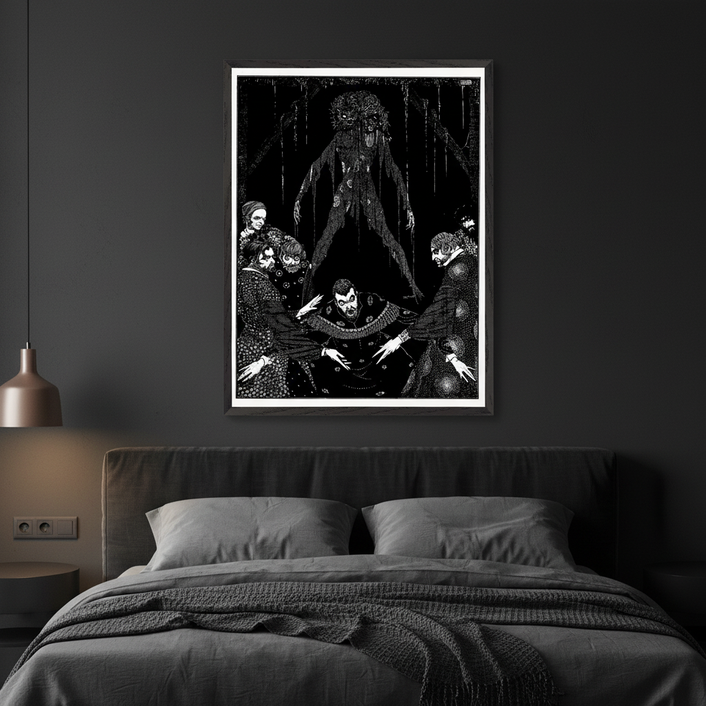 Walled the Monster (1923) by Harry Clarke in a white frame above a grey bed in a dark bedroom
