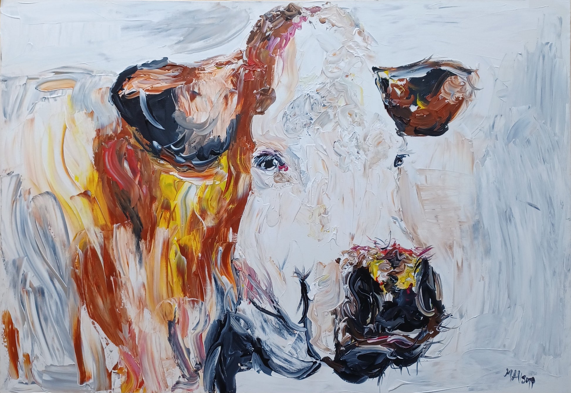 'Bella' is a signed, original, acrylic painting on canvas by Maire Claire Allsopp.  Marie-Claire’s collections of artwork has continued to grow, 'Bella' is from her original iconic cow collection.